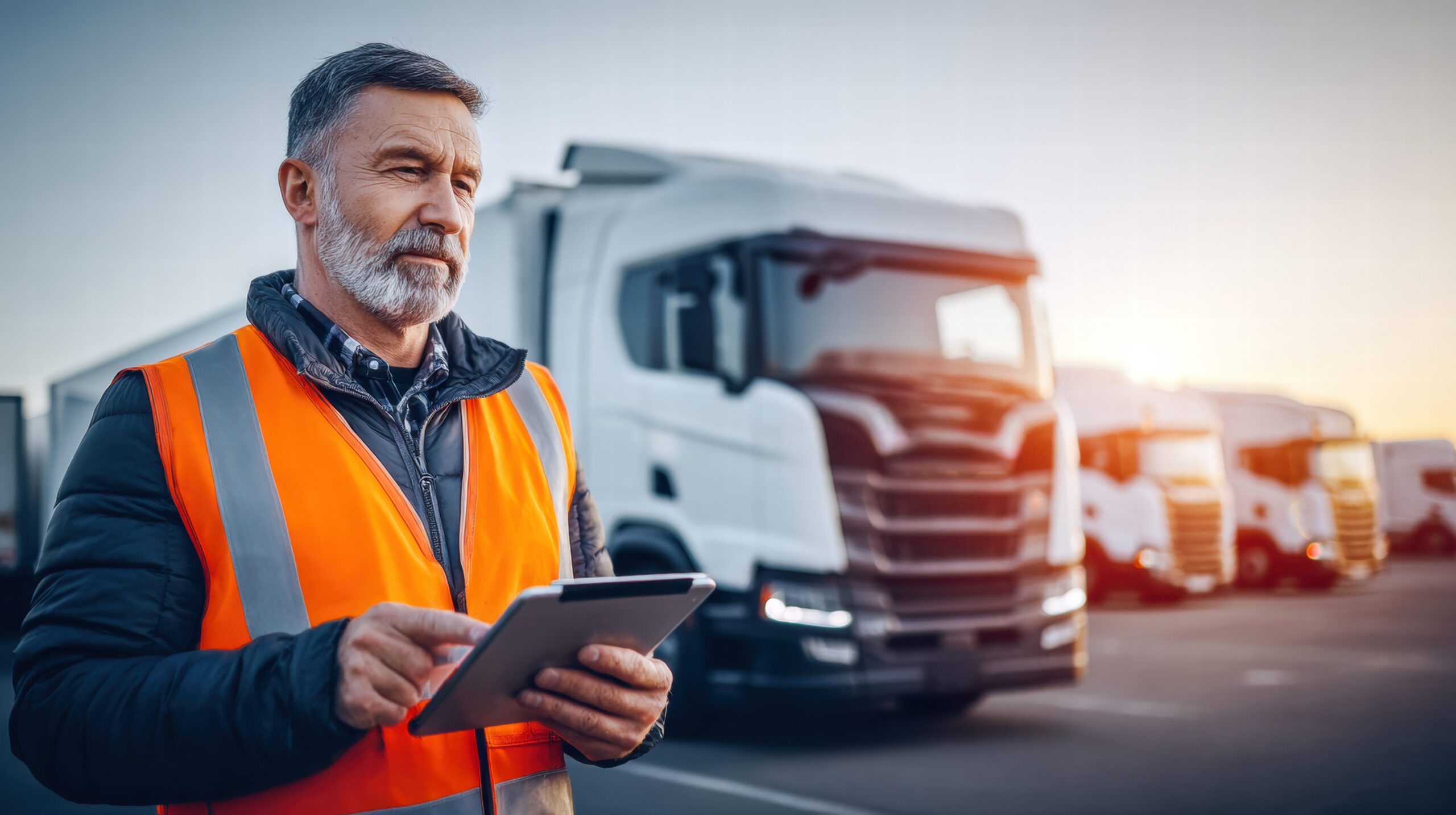 Fleet manager in a hi-vis jacket checking a tablet beside a lorry