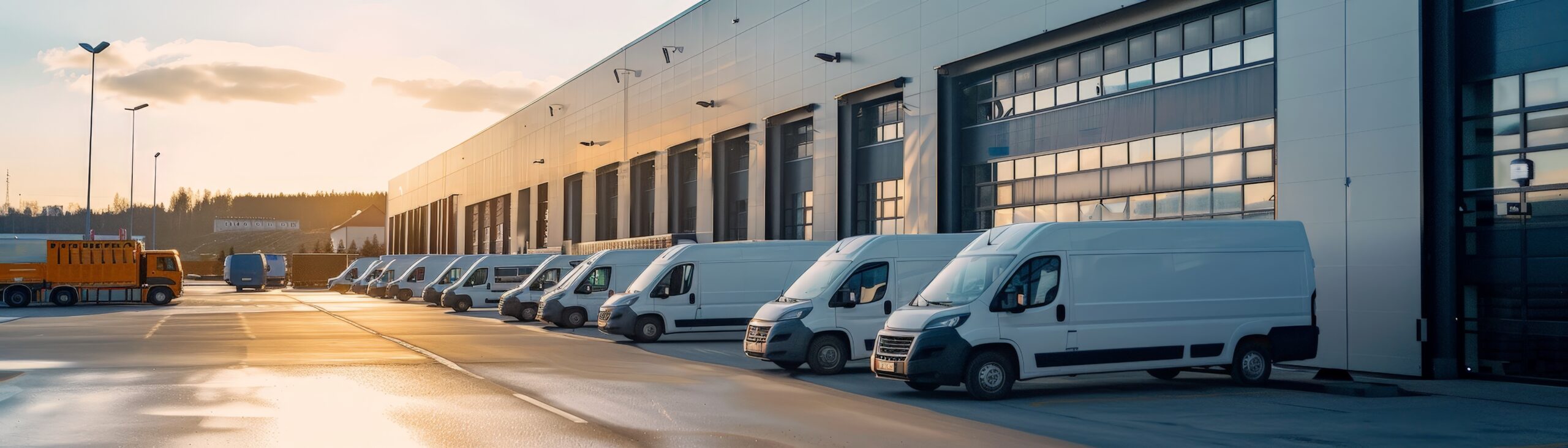 Row of fleet vans parked outside a warehouse at sunset