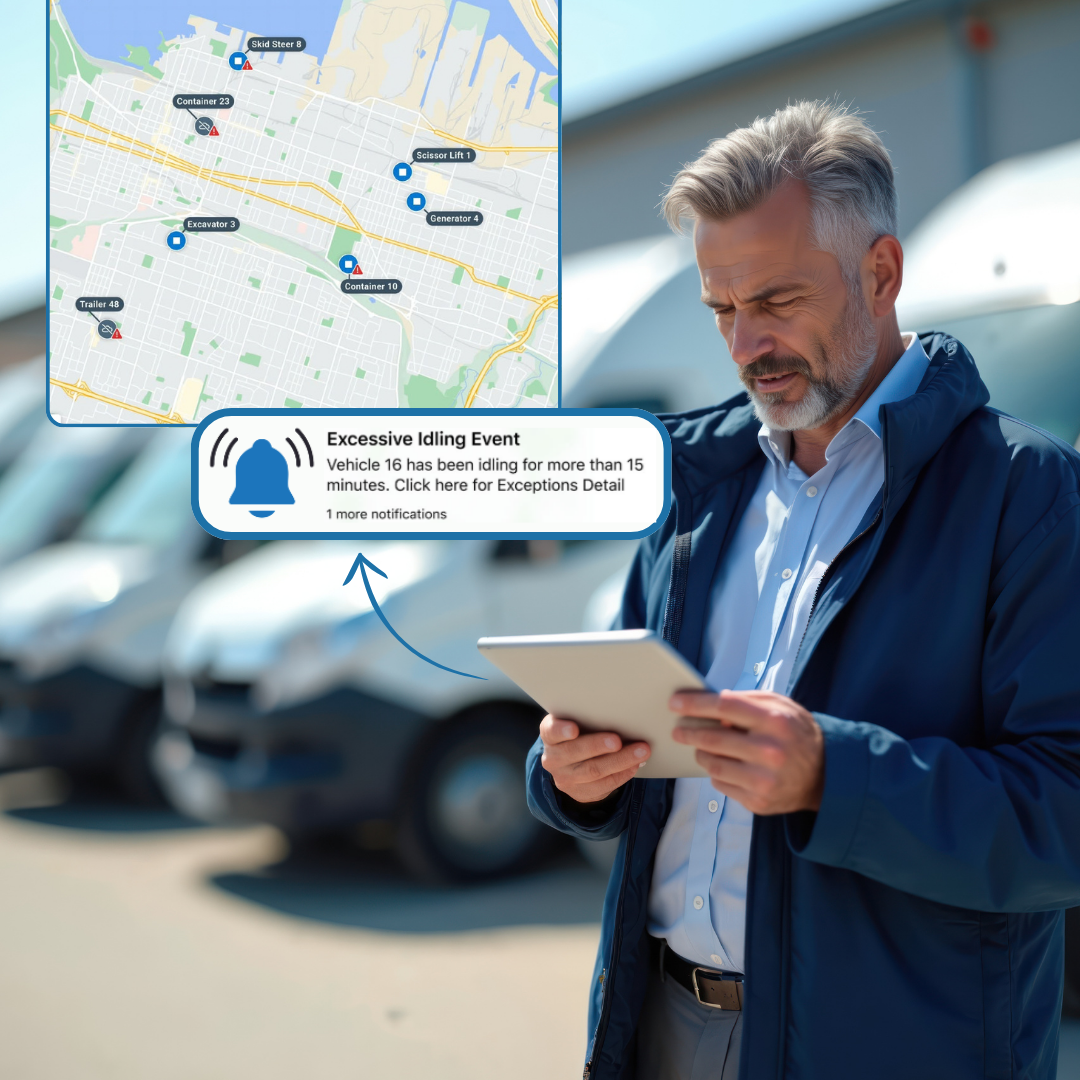 Fleet manager infront of a fleet of white vans on a tablet